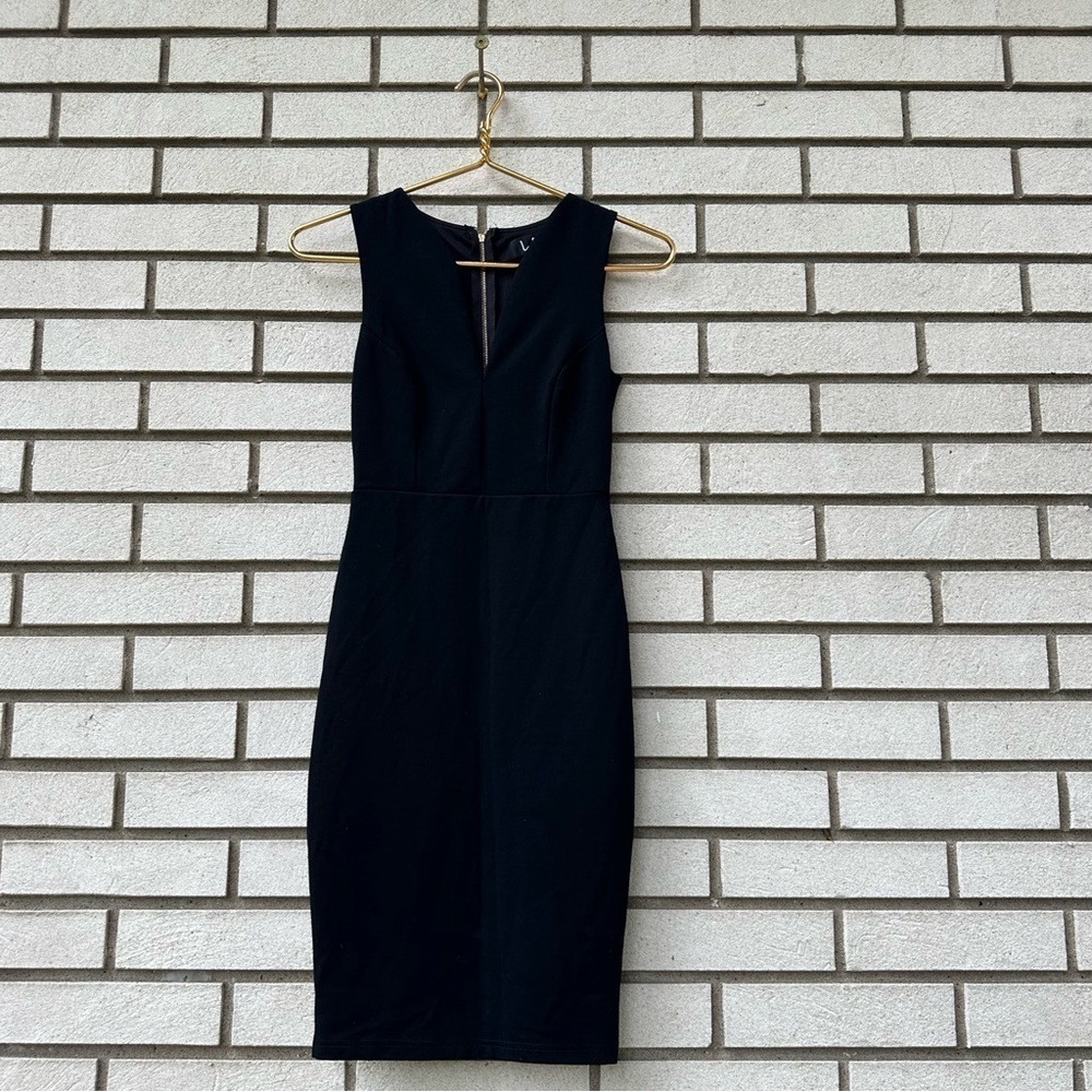 Lulus Black Bodycon Dress V Neck Sleeveless Gold Zip Pencil Cocktail XS - Picture 3 of 16